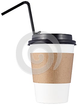 Paper coffee cup with cocktail straw isolated on white background