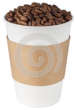 Paper coffee cup full of coffee beans isolated on white background