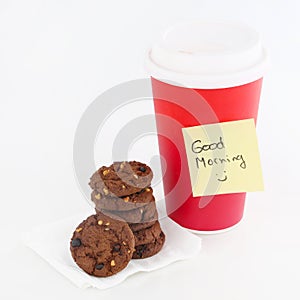 Paper coffee cup with good morning note