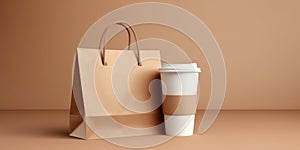 Paper Coffee Cup And Shopping Bag On Monochrome Beige Background. Sustainable Eco-Friendly Shopping. Generative AI