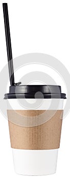 Paper coffee cup with straight cocktail tube or straw isolated on white background