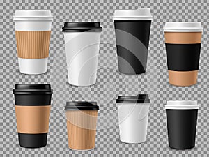 Paper coffee cups set. White paper cups, blank brown container with lid for latte mocha cappuccino drinks realistic