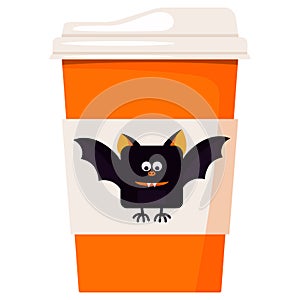 Paper coffee or tea cup decorated cartoon cute smiling and flying Happy Halloween black bat isolated on white background