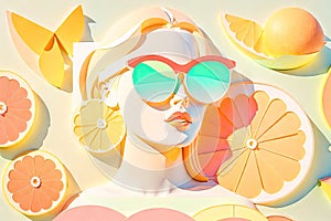 A paper collage with cartoon woman on beach, with sunglasses and fruits, generative ai image