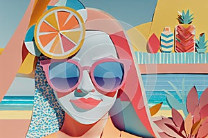 A paper collage with cartoon woman on beach, with sunglasses and fruits, generative ai image