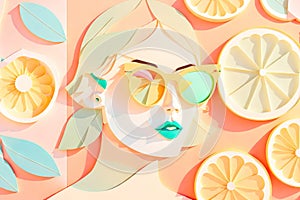 A paper collage with cartoon woman on beach, with sunglasses and fruits, generative ai image