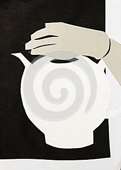 paper collage - gloved hand over teapot