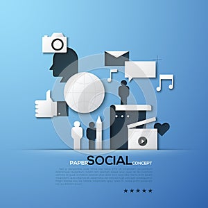 Paper concept of social media and networking, communication, blogging. White silhouettes of photo camera, people, thumbs