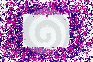 Paper confetti festive background. Empty decorative colorful frame. Blank holiday border with copyspace. Bright pink and