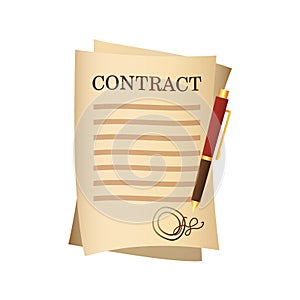 Paper contract agreement and pen isolated cartoon design. Legal document with signature vector illustration in flat