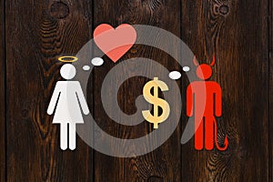 Paper couple, love vs money. Abstract conceptual image