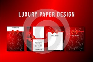 Paper cover, frame design set. Luxury floral pattern background with red ribbon. Elegant maroon vector collection template for inv