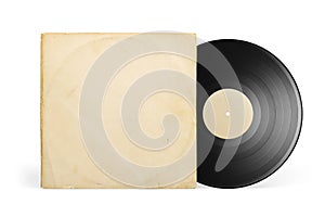 Paper cover and vinyl LP record isolated on white