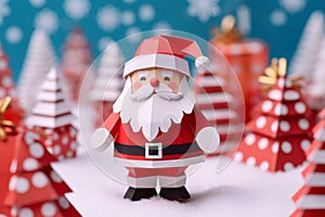 Paper craft art cute Santa Claus character and snow pine tree forest, Christmas background. Generative AI