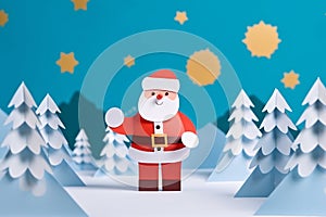 Paper craft art cute Santa Claus character and snow pine tree forest, Christmas background. Generative AI