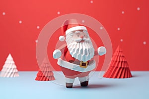 Paper craft art cute Santa Claus character and snow pine tree forest, Christmas background. Generative AI