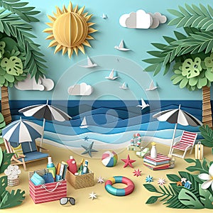 Paper Craft Beach Scene with Sun, Ocean, and Beach Accessories