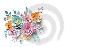 Paper craft Flower Decoration Concept. elegent flowers and leaves made of paper. Space for copy. photo