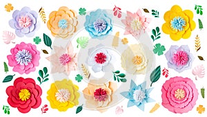 Paper craft flowers and leaves design elements cut out on white background