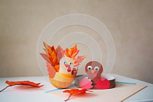 Paper craft for kids. DIY Turkey made from pumpkin for thanksgiving day. create art for children