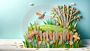 Paper Craft Scene with Bee and Wooden Fence