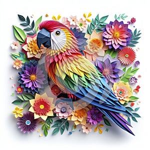 Paper Crafted Beauty: Kirigami Parrot Flourishing in a Sea of Blossoms, Isolated on White