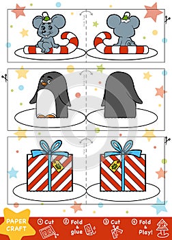 Paper Crafts for children. Mouse, Penguin and Christmas gift