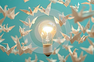 paper cranes soar to a brilliant lightbulb, symbolizing creativity and innovation challenge concept banner photo