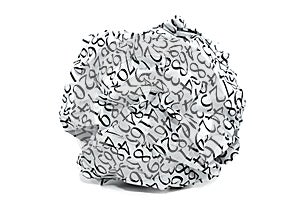 Paper. A crumpled ball of paper with numbers written on it on a white background