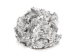 Paper. A crumpled ball of paper with numbers written on it on a white background