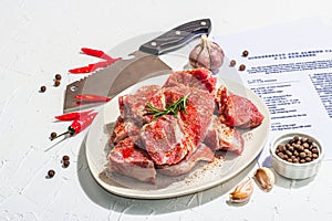 Paper culinary recipe for preparation pork. Raw ingredients includes pork loin pieces, spices, herbs