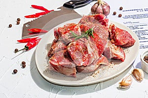 Paper culinary recipe for preparation pork. Raw ingredients includes pork loin pieces, spices, herbs