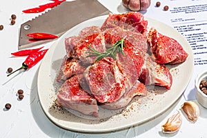 Paper culinary recipe for preparation pork. Raw ingredients includes pork loin pieces, spices, herbs