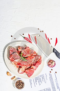 Paper culinary recipe for preparation pork. Raw ingredients includes pork loin pieces, spices, herbs