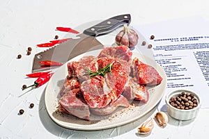 Paper culinary recipe for preparation pork. Raw ingredients includes pork loin pieces, spices, herbs