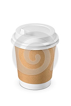 Paper cup with brown sleeve and plastic lid for hot beverages isolated on white