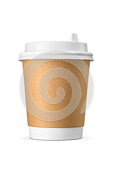 Paper cup with brown sleeve and plastic lid for hot beverages to go isolated on white