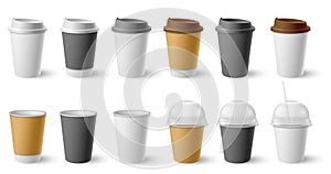 Paper cup. Cardboard cups with cap and mugs for hot coffee and tea. Realistic black, white, brown cafe drinks eco