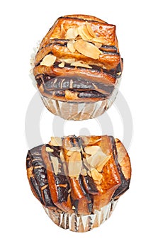 Paper cup chocolate bun strew with roasted almond
