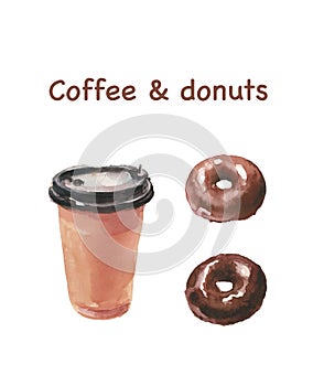 Paper cup of coffee and chocolate donuts watercolor illustration