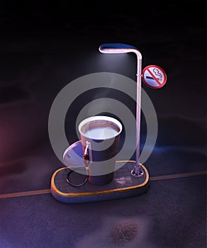 Paper cup of coffee with dispenser. Metaphor coffee is power for people. Creative render 3d illustration