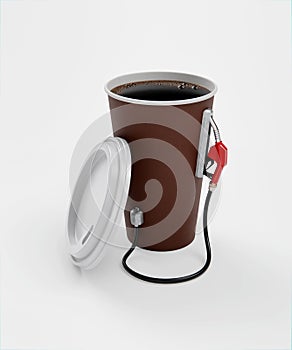 Paper cup of coffee with dispenser on white.
