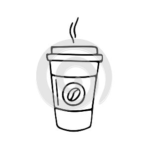 Paper cup of coffee hand-drawn. Vector illustration in doodle style black outline on a white background