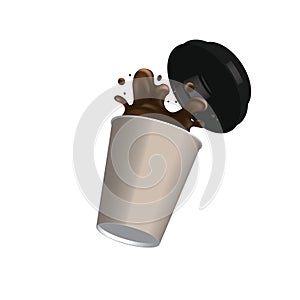 Paper cup coffee splash. Cardboard craft drink glass with open plastic lid. Coffee latte espresso spilled mug. Vector illustration