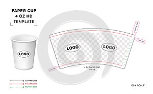 Paper cup die cut template for 4 oz HD, Hot drink paper cup mockup, paper cup curved template
