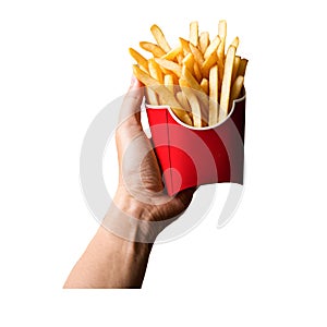 Paper cup French fries in han isolated on PNG background. Generative AI.