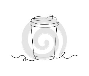 Paper cup of hot coffee in one Continuous line drawing. Concept of drink to go in lineart style. Editable stroke. Vector
