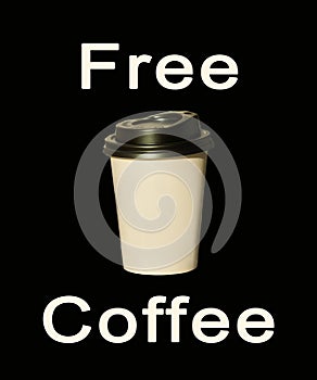 Paper cup with hot coffee to go isolated on a black background. Take away drinks, fast food. Copy space, price tag