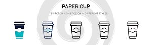 Paper cup icon in filled, thin line, outline and stroke style. Vector illustration of two colored and black paper cup vector icons