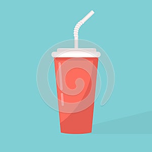 Paper cup icon. Paper red cups with straws for soda or cold beverage. Isolated cardboard cup with long shadow. Drink icon. Fast